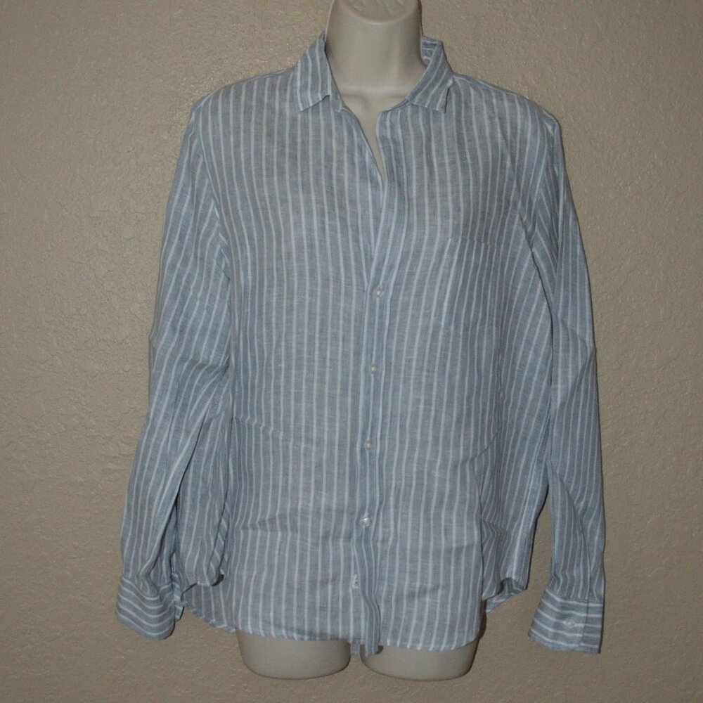 $258 Sz XS Frank & Eileen Gray White Striped Linen Relaxed Fit Button Up Blouse